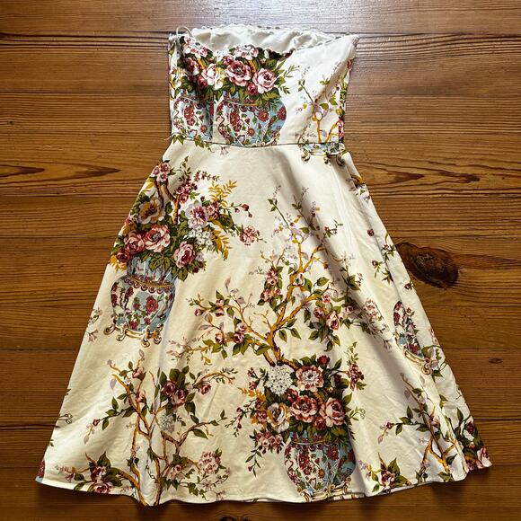 Moda International beige floral antique vase strapless midi dress SIZE 8 - Picture 6 of 6